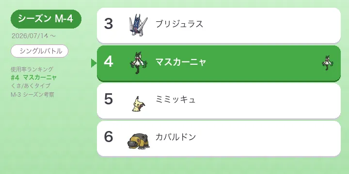 【ポケモンチャンピオンズ】マスカーニャ 考察 M-5 シーズン きあいのタスキ型台頭の理由